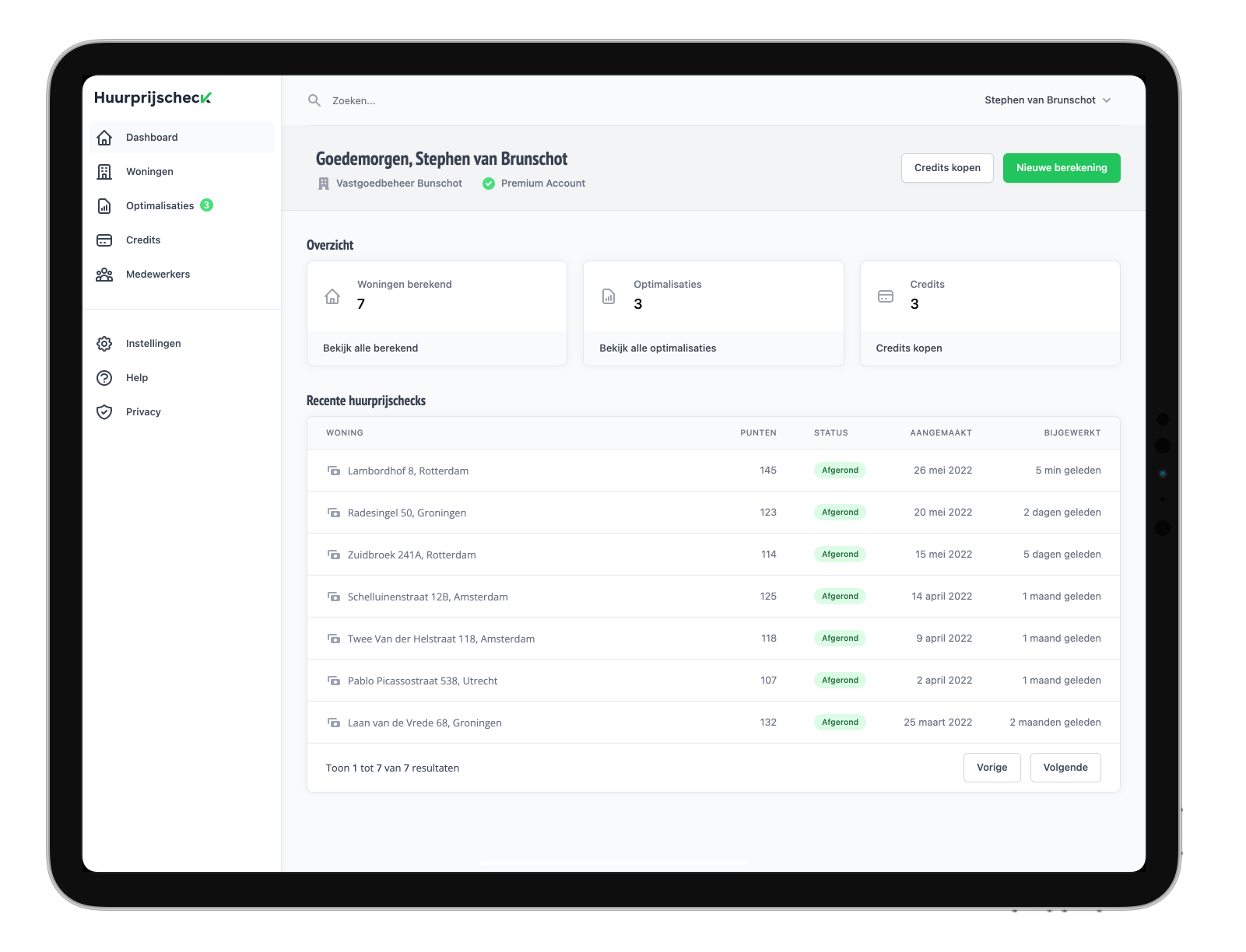 Dashboard Huurprijscheck App